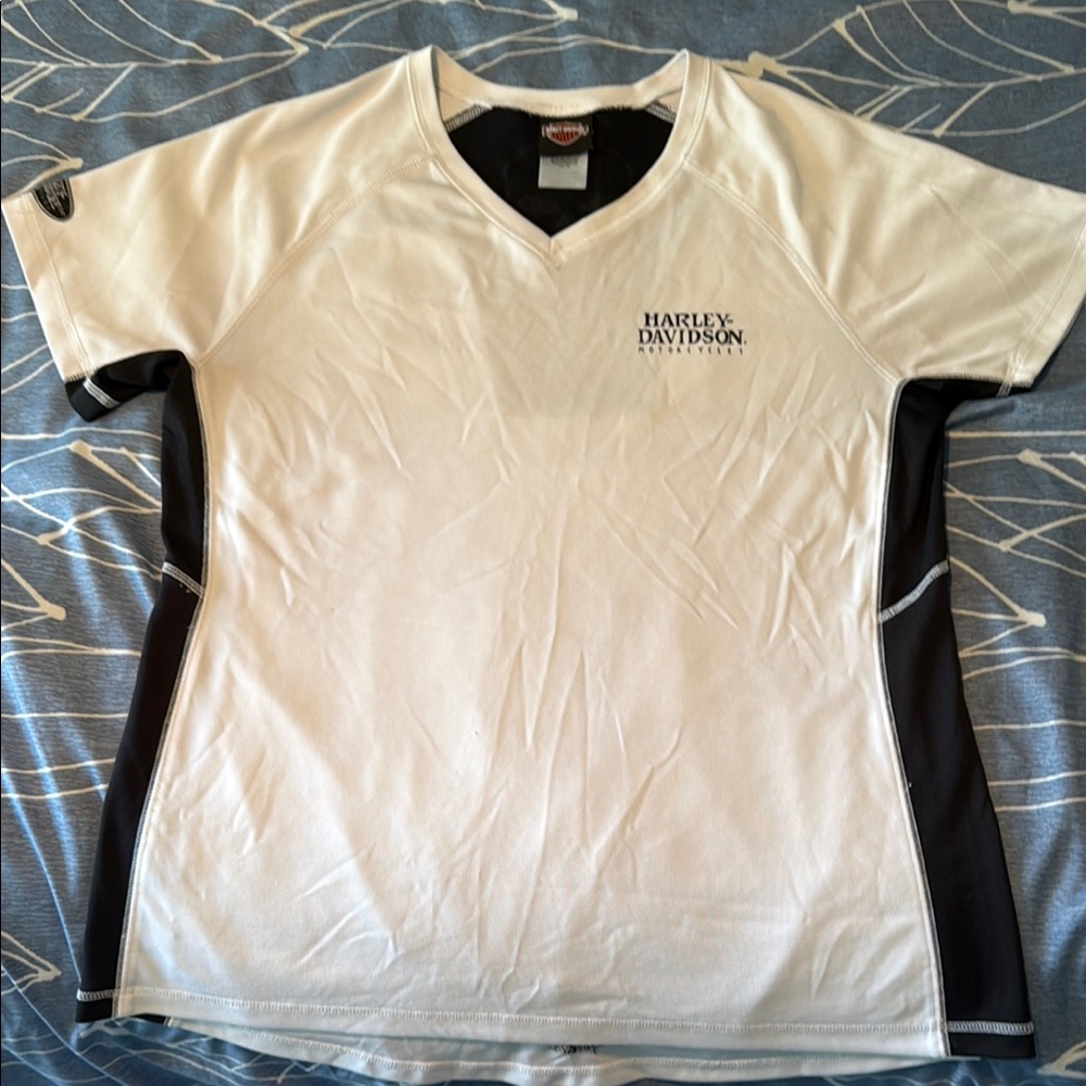 Harley-Davidson White and Black V-Neck Embroidered Tee
